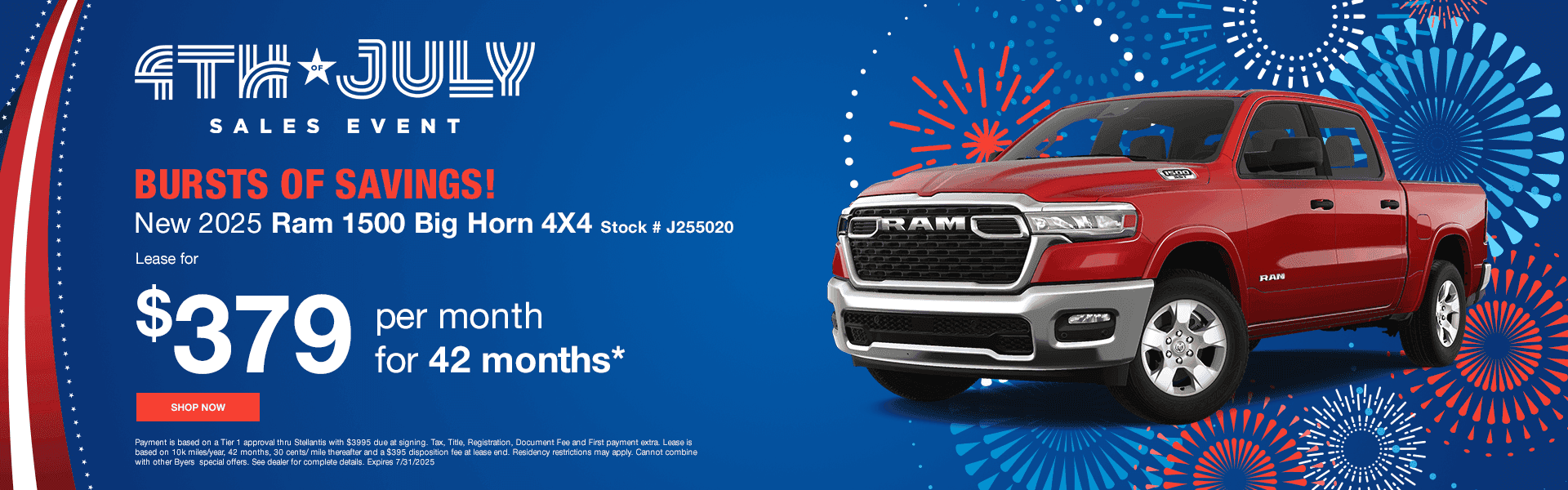 Bursts of Savings! New 2025 Ram 1500 Big Horn 4X4 Lease for $379 per month for 42 months* Stock # J255020