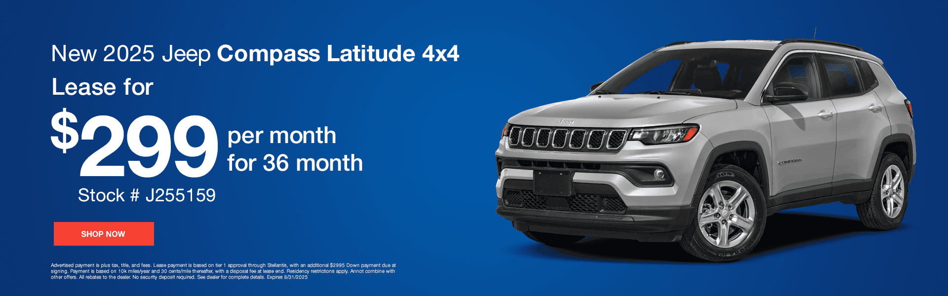 New 2025 Jeep Compass Latitude 4x4 Lease for $299 per month for 36 month. Stock # J255159