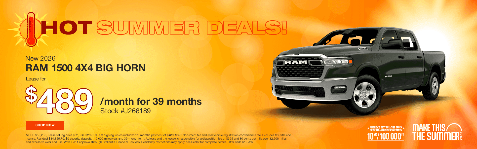 HOT SUMMER DEALS! New 2026 Ram 1500 4X4 Big Horn Lease for $489/month for 39 months Stock #J266189