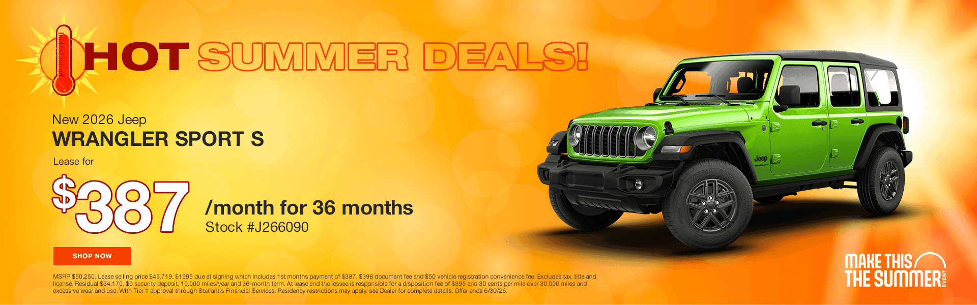 HOT SUMMER DEALS! New 2026 Jeep Wrangler Sport S Lease for $387/month for 36 months Stock #J266090