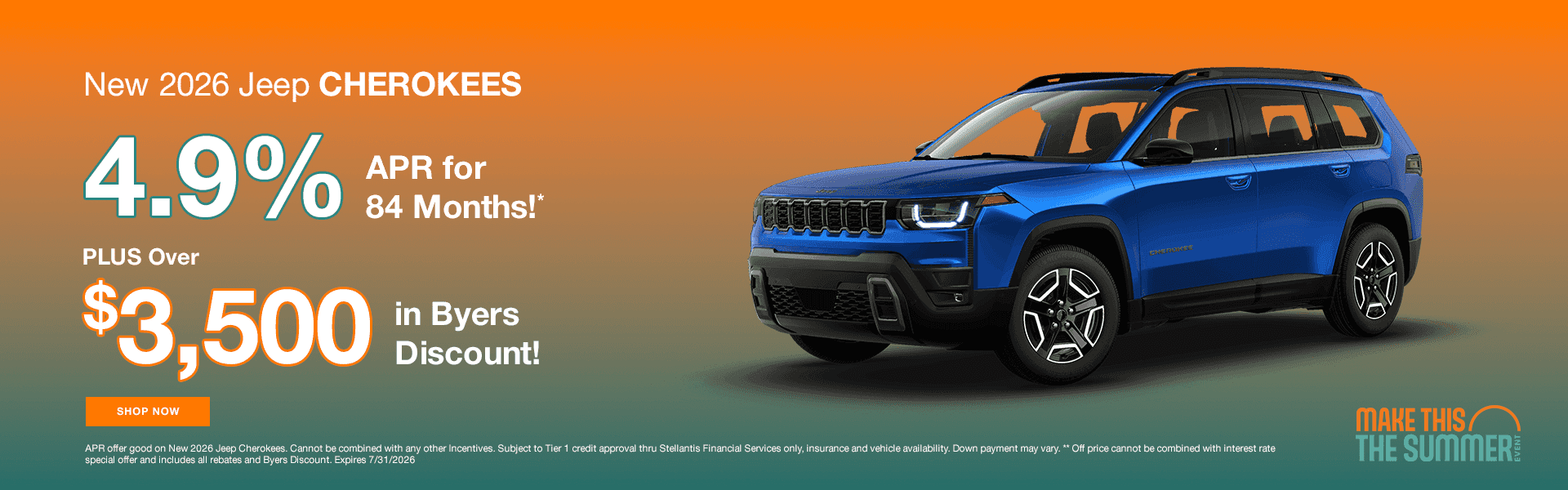 New 2026 Jeep Cherokees Subtext: 4.9% for 84 Months!* PLUS Over $3500 in Byers Discount!