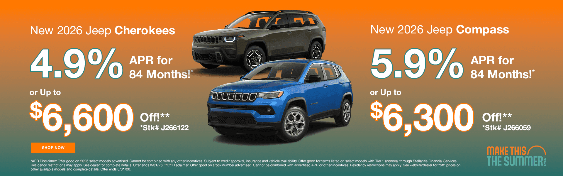 New 2026 Jeep Cherokees 4.9% APR for 84 months* or Up to $6600 Off** *Stk# J266122 Subtext: New 2026 Jeep Compass 5.9% APR for 84 months* or Up to $6300 Off!** *Stk# J266059