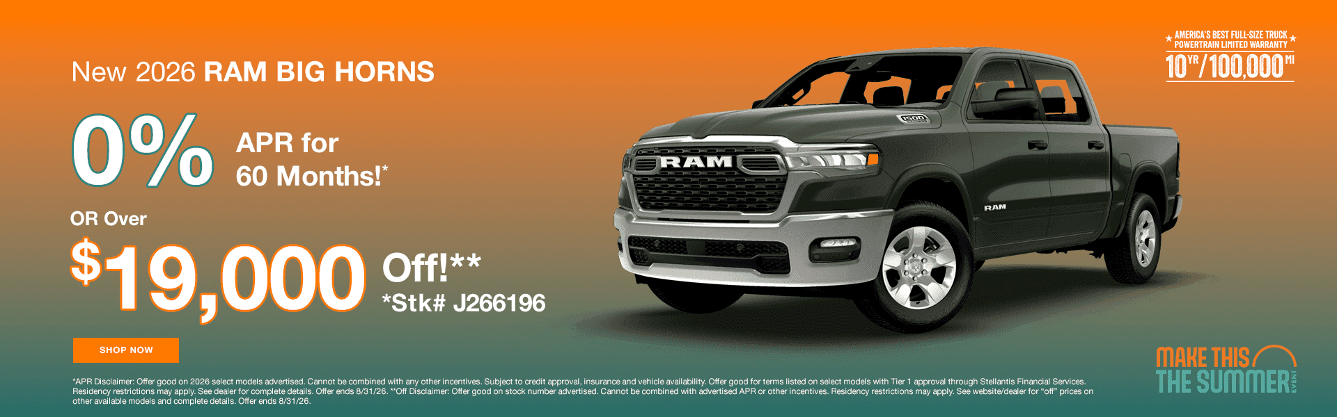 New 2026 Ram 1500 Crew Cab Subtext: 0% APR for 60 months* or Up to $19,000 Off!** *Stk# J266196
