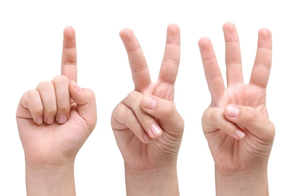 Hands holding up 1, 2, and 3 fingers
