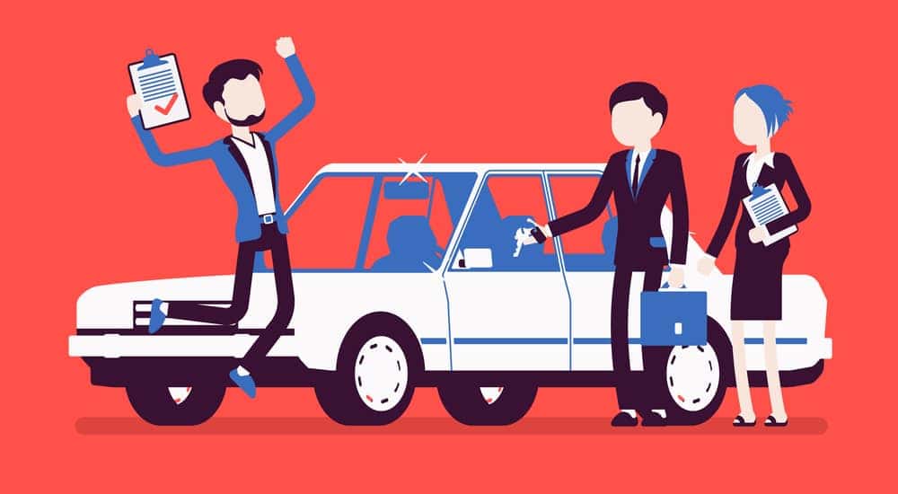 Happy young man exited when got a bad credit car loan, customer and agents