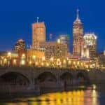 Indianapolis skyline and bridge over the White River at night