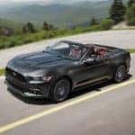 A popular used car in Indianapolis, a gray 2015 Ford Mustang convertible is driving on a mountain road.