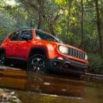 A red 2021 Jeep Renegade is shown parked in standing water.