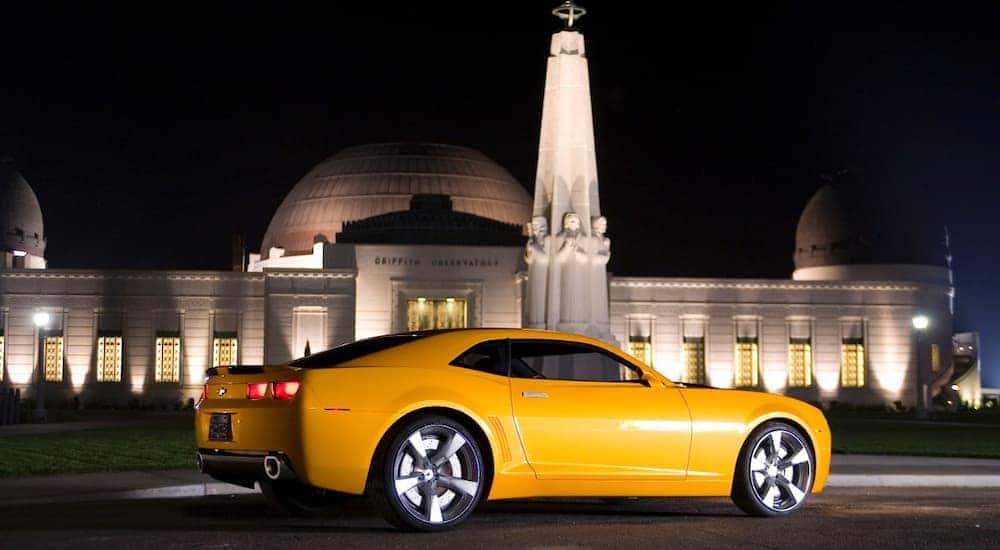 A yellow 2007 Chevy Camaro is shown on set of the Transformers movie.