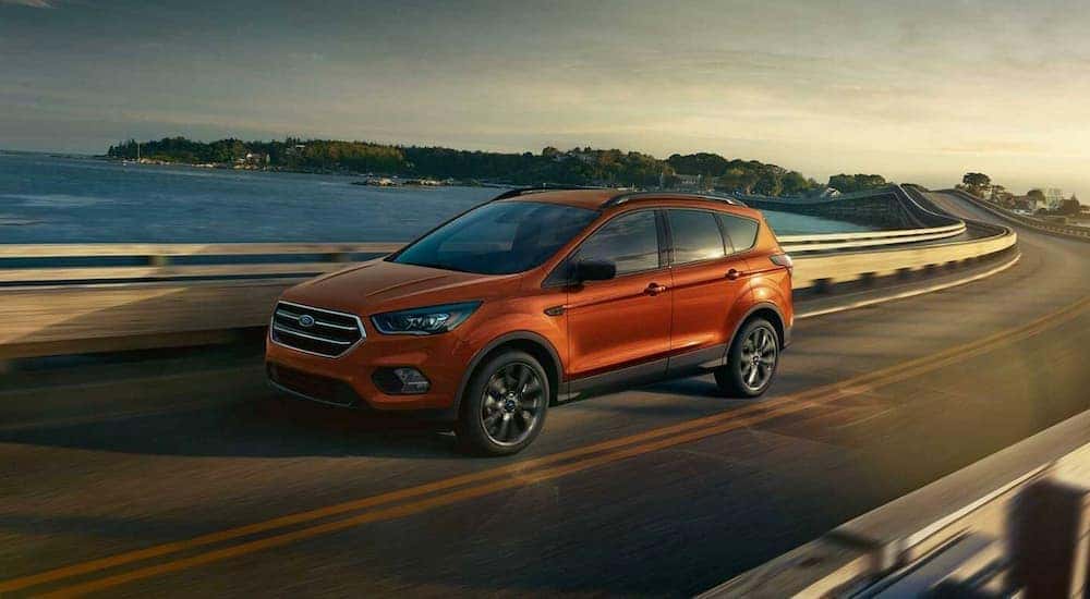 An orange 2019 Ford Escape is shown from the side driving on an open road past a body of water.