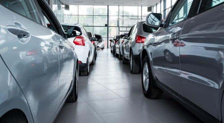 A showroom of vehicles is shown at a Jeffersontown online car dealer.