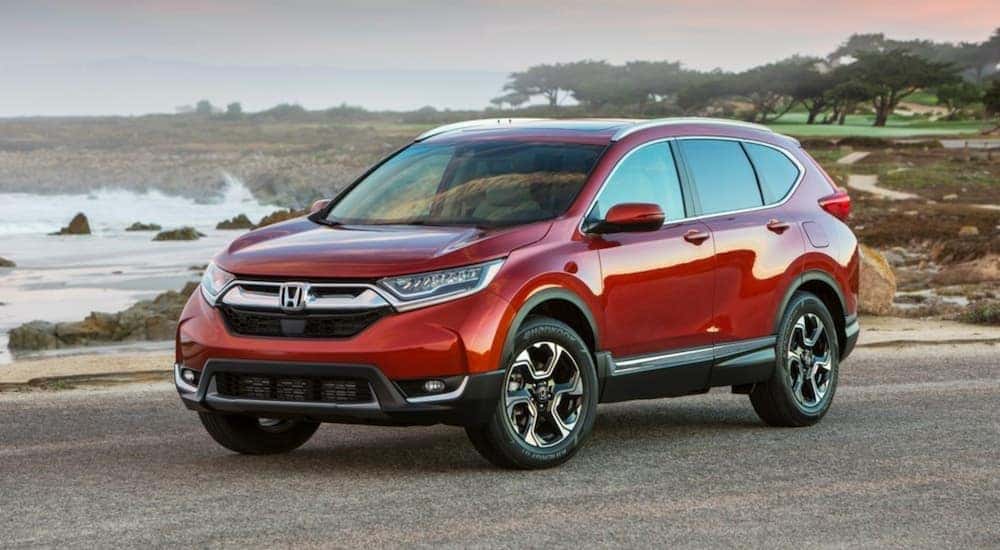 Front angled view of a red 2019 Used Honda CR-V parked by a water-side park