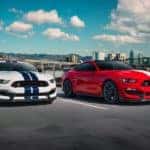 A white and a red 2020 Ford Mustang GT350R are shown parked in a city.