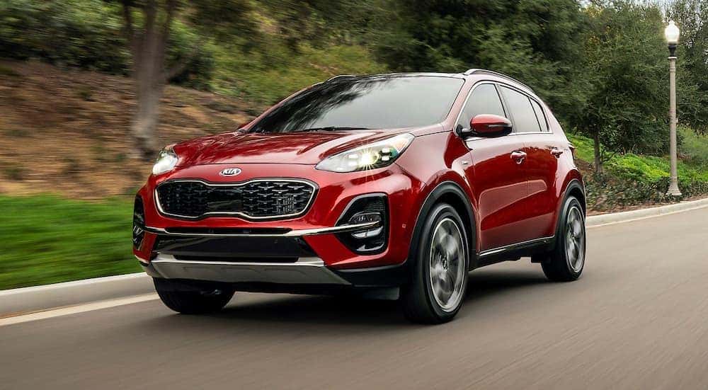 A red 2021 Kia Sportage is shown from the front at an angle.