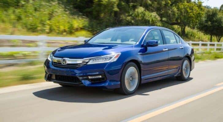 A blue 2017 Honda Accord is shown from the front at an angle after leaving a dealer that has used cars for sale in Minneapolis.