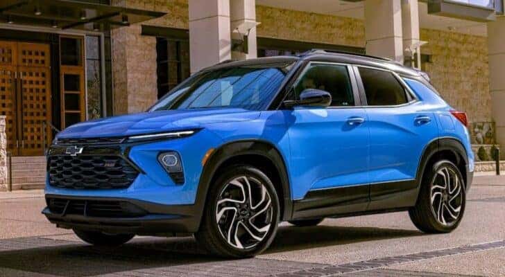 A blue 2024 Chevy Trailblazer RS is shown parked near Fort Worth SUV sales.