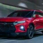A red 2020 Chevy Blazer RS is shown from the front at an angle after leaving a dealer that handles Nashville SUV sales.