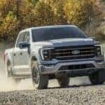 A silver 2021 Ford F-150 Tremor is shown from the front at an angle after leaving a dealer that handles Nashville truck sales.