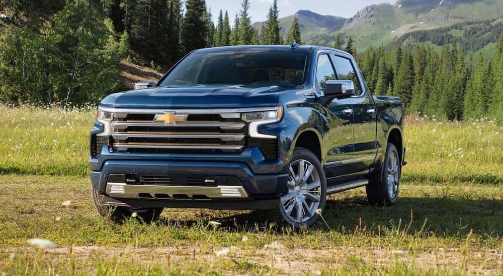 A popular Chevy Silverado 1500 for sale, a blue 2023 Chevy Silverado 1500 High Country, is shown parked on grass.