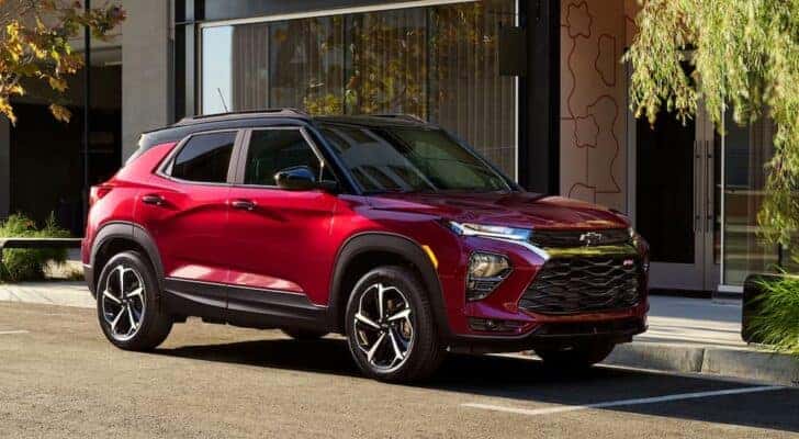 A red 2021 Chevy Trailblazer is shown parked near Cincinnati SUV sales.