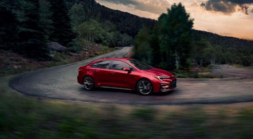 A red 2023 Toyota Corolla is shown from the side while rounding a bend after browsing Dayton car sales.