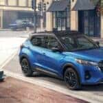 A blue 2023 Nissan Kicks SR is shown parked after viewing Columbus car sales.