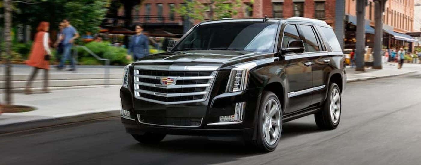 A black 2020 Cadillac Escalade is shown driving from Columbus car sales.