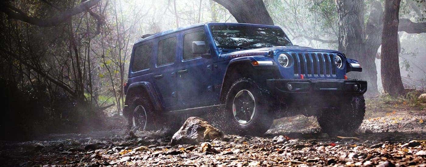 A blue 2020 Jeep Wrangler Unlimited Rubicon is shown parked off-road in a forest.