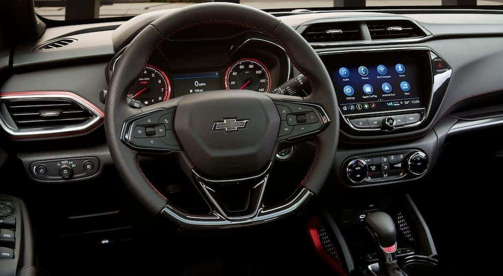 The black dash in a 2021 Chevy Trailblazer is shown.