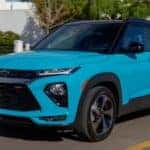 A blue 2022 Chevy Trailblazer RS is shown from the front at an angle after leaving a dealer that has a used Chevy Trailblazer for sale.