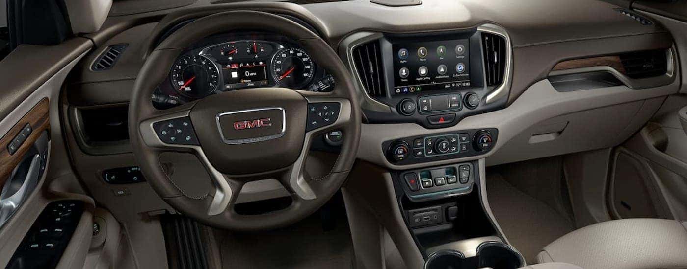 The brown interior of a 2020 GMC Terrain.