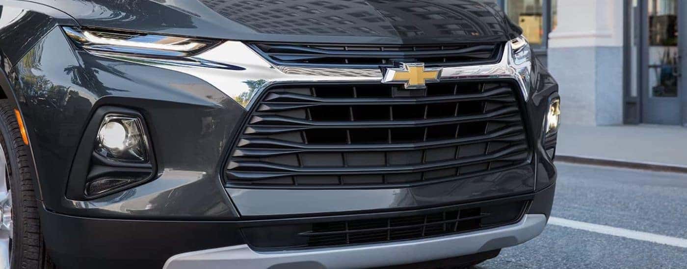 A close up of the grille on a black 2021 Chevy Blazer.