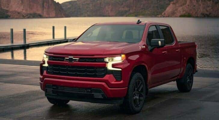 A red 2024 Chevy Silverado 1500 RST is shown parked after viewing a Chevy Silverado 1500 for sale in Nashville.
