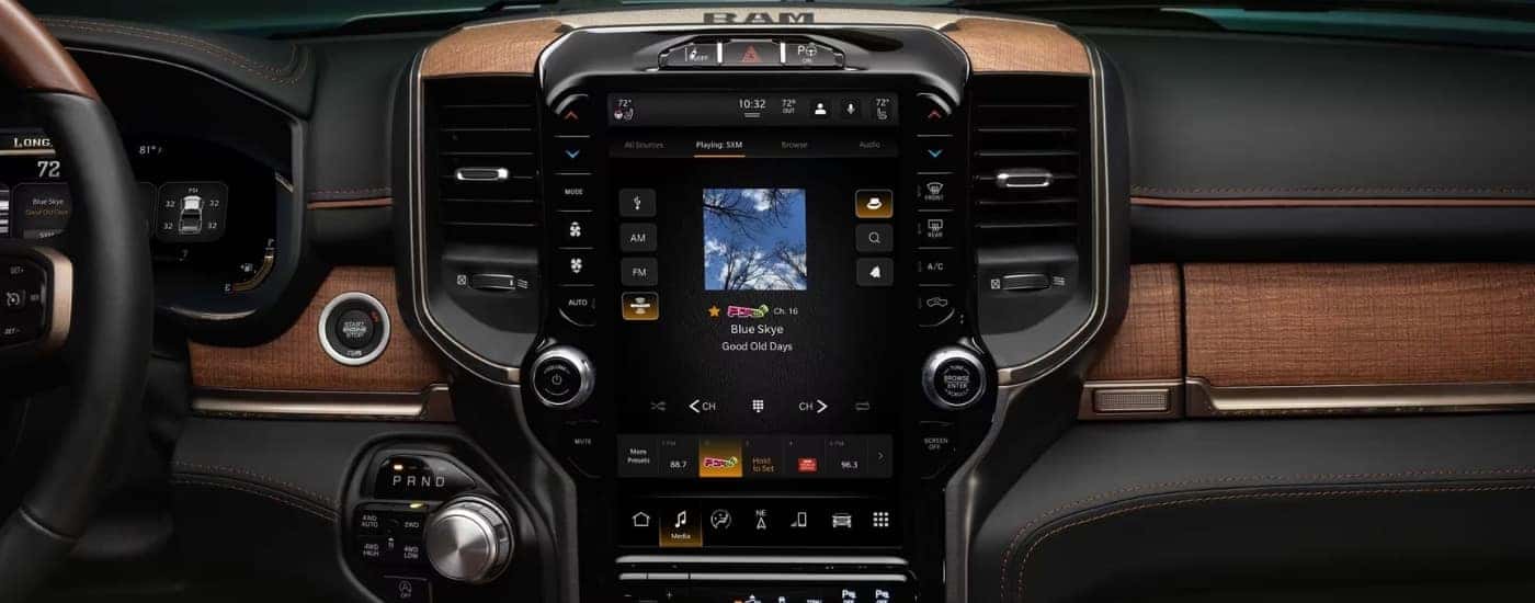 A close-up of the infotainment center is shown in a 2023 Ram 1500.