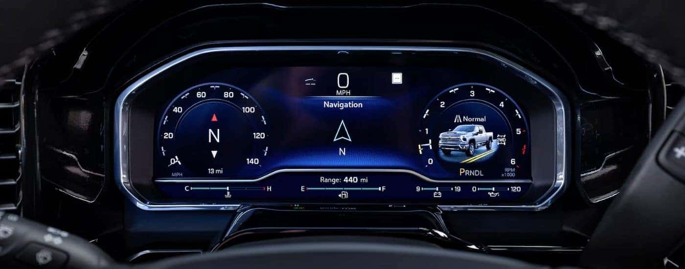 The digital instrument cluster in a 2024 Chevy Silverado 2500 for sale.