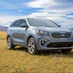A blue 2020 Kia Sorento for sale parked on a field.