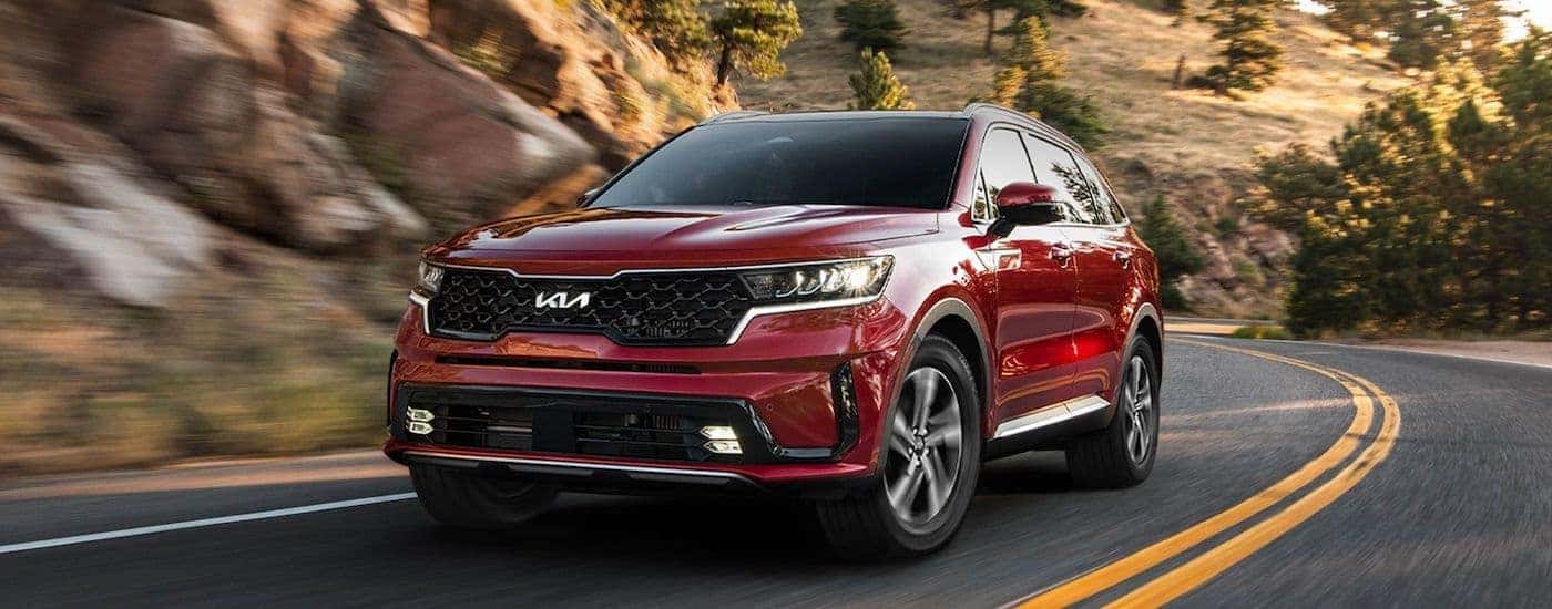 A red 2023 Kia Sorento for sale is shown from the front at an angle.