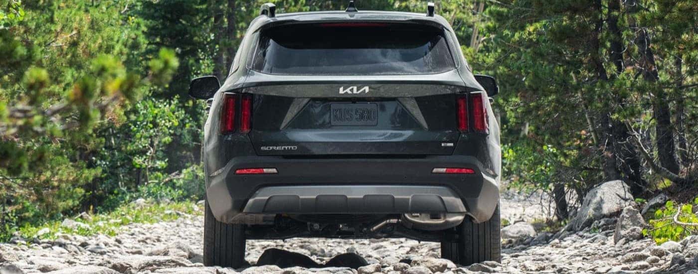 Rear view of a black used 2022 Kia Sorento X-Line for sale driving off-road.