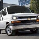 A white 2016 used Chevy Express 2500 for sale from the front.