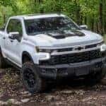 A white 2023 Chevy Silverado 1500 ZR2 off-roading