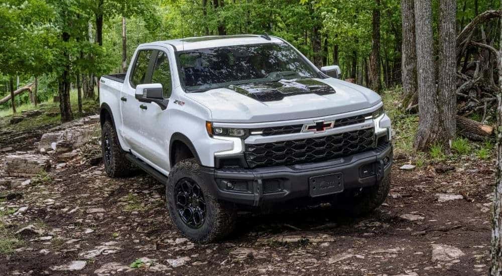 A white 2023 Chevy Silverado 1500 ZR2 off-roading