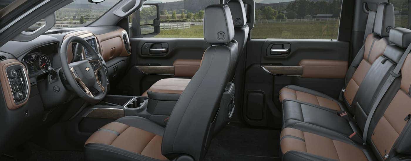Black and brown seating in a 2023 Chevy Silverado 2500HD for sale in Indianapolis.