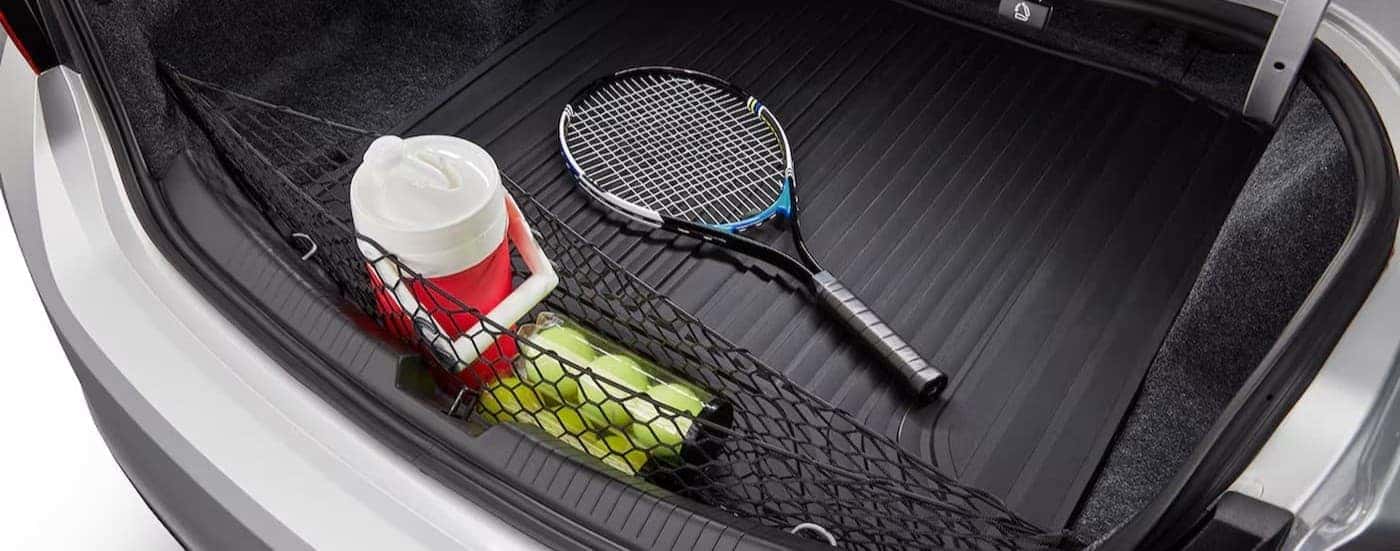 Close-up of the trunk in a silver 2024 Chevy Malibu.