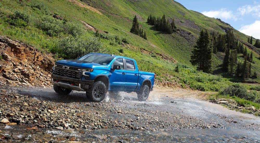 A blue 2025 Chevy Silverado 1500 ZR2 from the front.