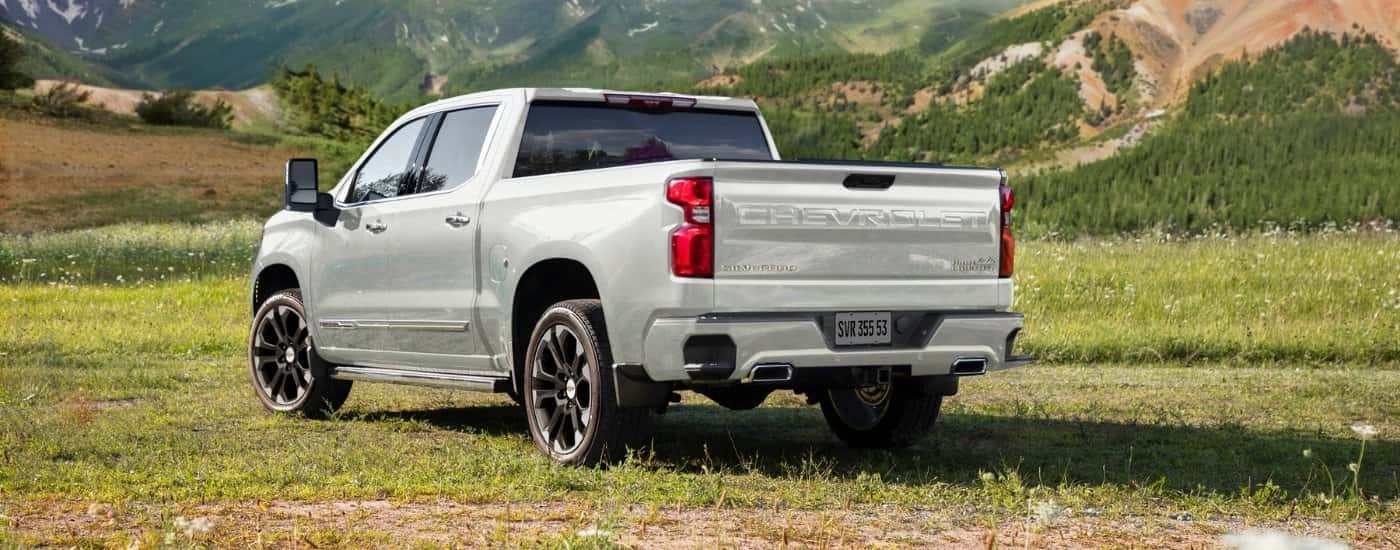 A white 2024 Chevy Silverado 1500 from the rear at an angle.