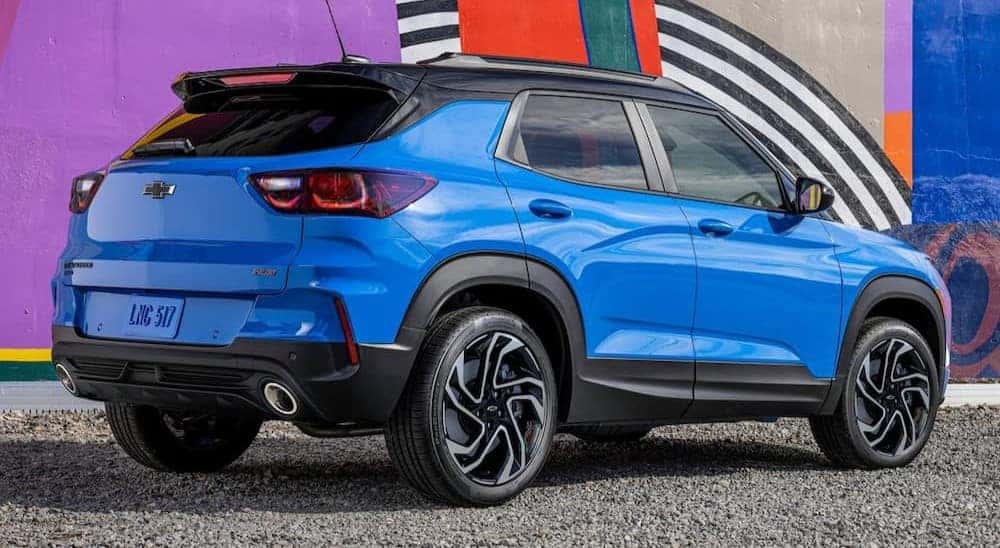 A blue 2024 Chevy Trailblazer RS parked on a sunny day.