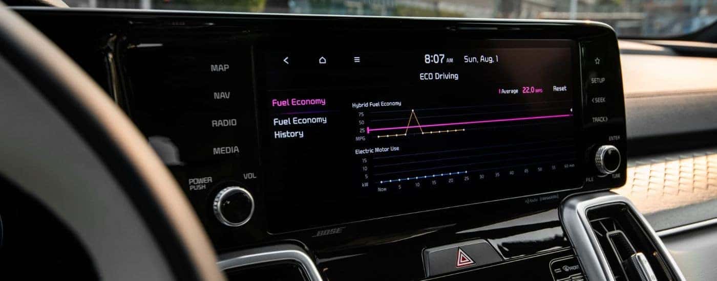 Close-up of the infotainment screen in a 2022 Kia Sorento.
