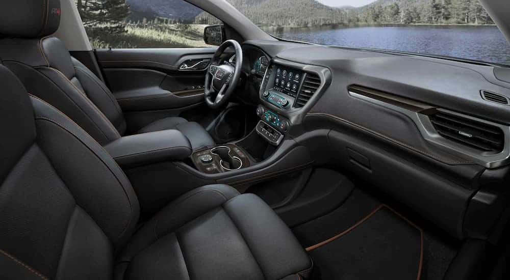 Black leather interior of a 2023 GMC Acadia for sale in Indianapolis