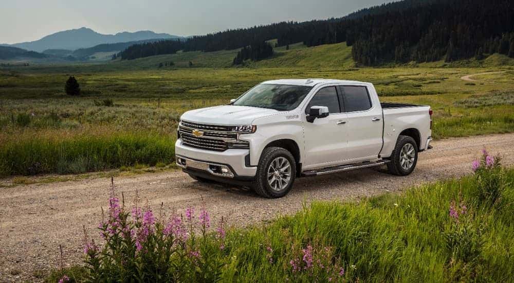 White 2019 Chevy Silverado 1500 High Country for sale in Columbus driving off-road.
