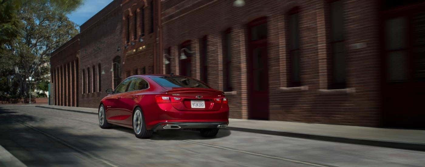 A red 2019 Chevy Malibu from the rear at an angle.